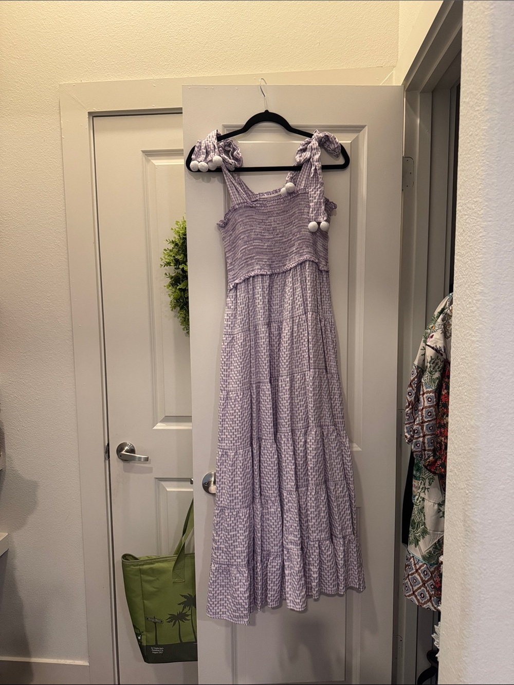 Lavender Smocked Maxi Dress with Tie Shoulder Pom Detail